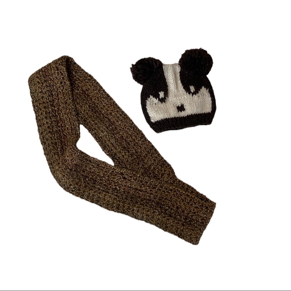 Knitted Brown Scarf and Bear Skull Cap Set